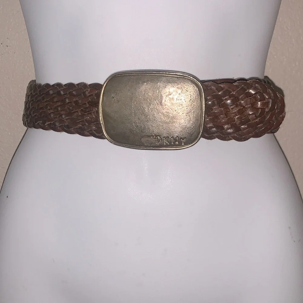 DKNY leather belt, S,Hand-hammered brass monogramed buckle, Brown, woven. Euc